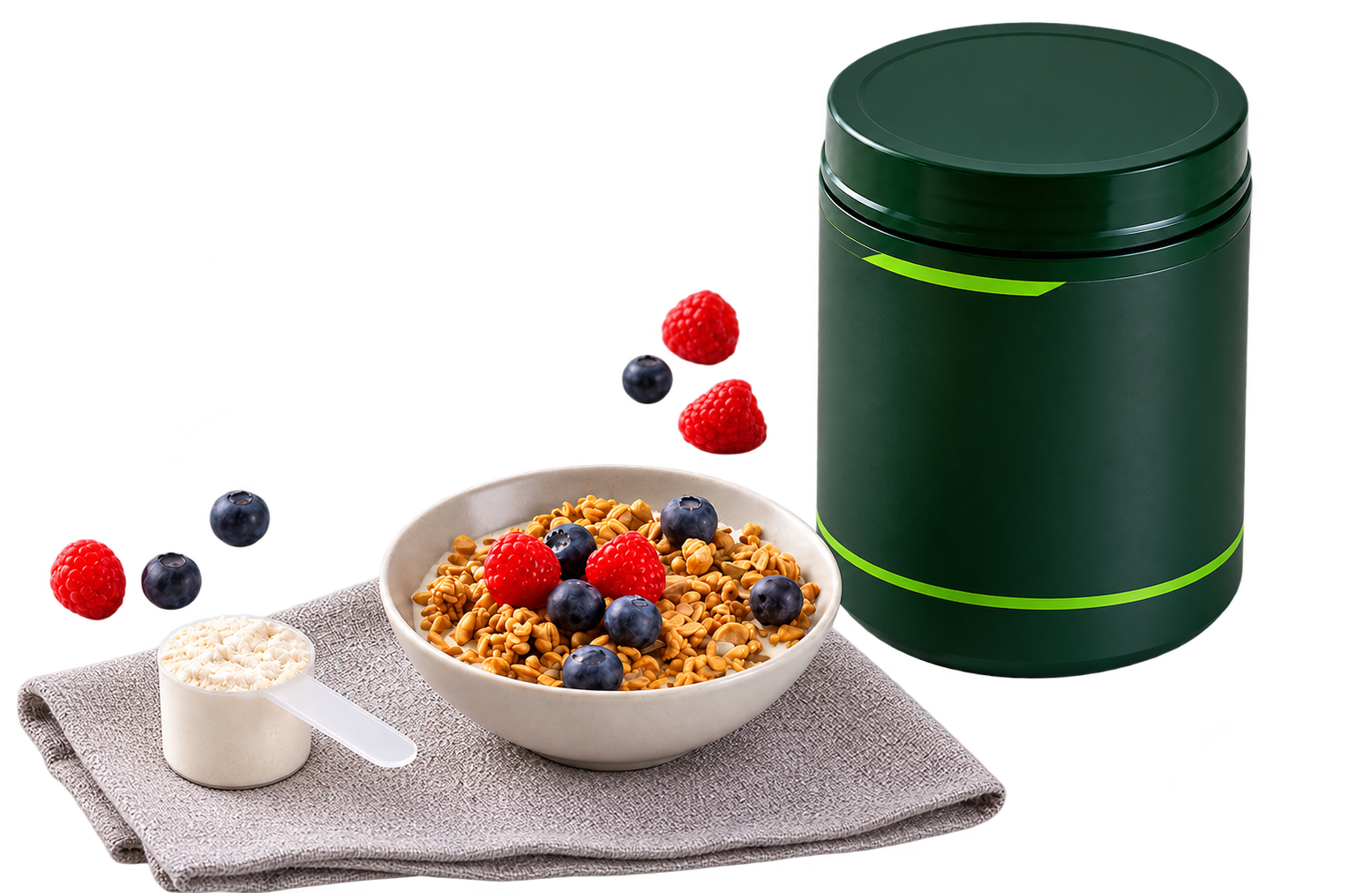 Breakfast bowl with granola, yogurt and berries beside a supplement canister